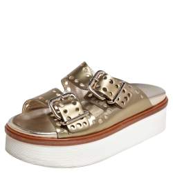 Tod's Gold Perforated Leather Open Toe Platform Slide Sandals Size 38