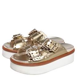 Tod's Gold Perforated Leather Open Toe Platform Slide Sandals Size 38