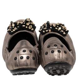Tod's Grey Leather Crystal Embellished Bow Ballet Flats Size 37.5