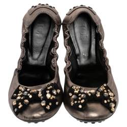 Tod's Grey Leather Crystal Embellished Bow Ballet Flats Size 37.5