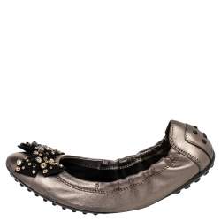 Tod's Grey Leather Crystal Embellished Bow Ballet Flats Size 37.5