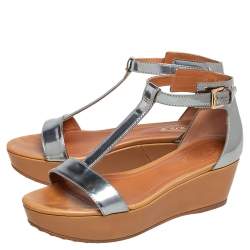 Pre Owned Tod's Silver Patent Leather T-Strap Wedge Platform Ankle Strap Sandals Size 36.5