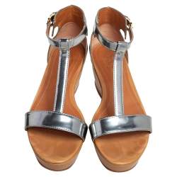 Pre Owned Tod's Silver Patent Leather T-Strap Wedge Platform Ankle Strap Sandals Size 36.5