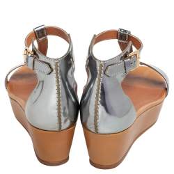 Pre Owned Tod's Silver Patent Leather T-Strap Wedge Platform Ankle Strap Sandals Size 36.5