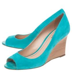 Pre Owned Tod's Turquoise Suede Peep Toe Wedge Pumps Size 40.5