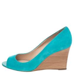 Pre Owned Tod's Turquoise Suede Peep Toe Wedge Pumps Size 40.5