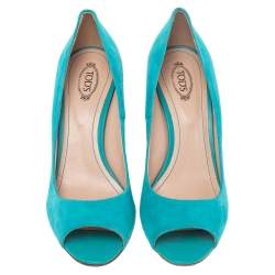 Pre Owned Tod's Turquoise Suede Peep Toe Wedge Pumps Size 40.5