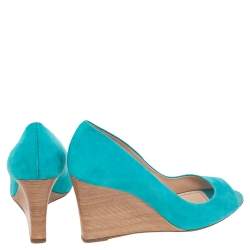 Pre Owned Tod's Turquoise Suede Peep Toe Wedge Pumps Size 40.5