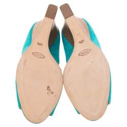 Pre Owned Tod's Turquoise Suede Peep Toe Wedge Pumps Size 40.5