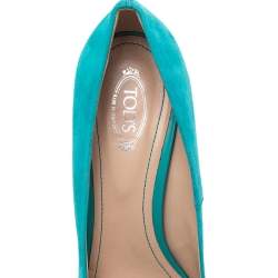 Pre Owned Tod's Turquoise Suede Peep Toe Wedge Pumps Size 40.5