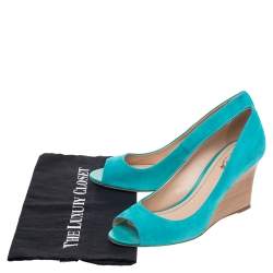 Pre Owned Tod's Turquoise Suede Peep Toe Wedge Pumps Size 40.5