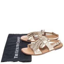 Tod's Metallic Gold Leather Fringe Slingback Flat Sandals Size 37