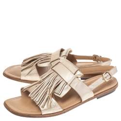Tod's Metallic Gold Leather Fringe Slingback Flat Sandals Size 37