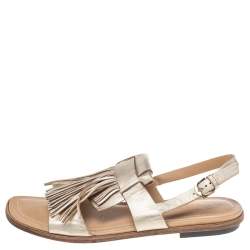 Tod's Metallic Gold Leather Fringe Slingback Flat Sandals Size 37