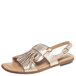 Tod's Metallic Gold Leather Fringe Slingback Flat Sandals Size 37