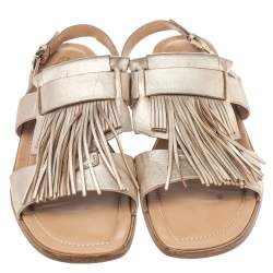 Tod's Metallic Gold Leather Fringe Slingback Flat Sandals Size 37