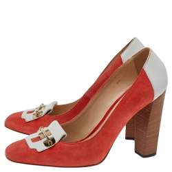 Pre Owned Tod's Orange/White Leather And Suede Embellished Block Heel Pumps Size 38