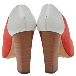 Pre Owned Tod's Orange/White Leather And Suede Embellished Block Heel Pumps Size 38