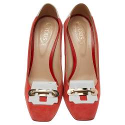 Pre Owned Tod's Orange/White Leather And Suede Embellished Block Heel Pumps Size 38