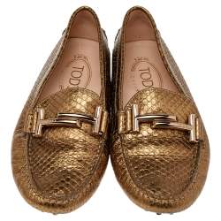 Pre Owned حذاء لوفرز تودز سليب أون جلد منقوش ذهبي ميتاليك مقاس 36