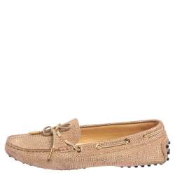 Pre Owned Tod's Rose Gold Lizard Embossed Leather Bow Loafers Size 38