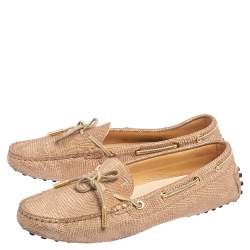 Pre Owned Tod's Rose Gold Lizard Embossed Leather Bow Loafers Size 38