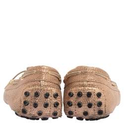 Pre Owned Tod's Rose Gold Lizard Embossed Leather Bow Loafers Size 38