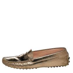 Tod's Metallic Bronze Lizard Embossed Leather Penny Loafers Size 37