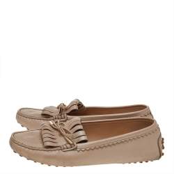 Tod's Beige Leather Fringe Slip on Loafers Size 36.5