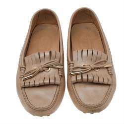 Tod's Beige Leather Fringe Slip on Loafers Size 36.5