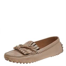 Tod's Beige Leather Fringe Slip on Loafers Size 36.5