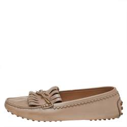 Tod's Beige Leather Fringe Slip on Loafers Size 36.5