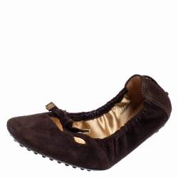 مملوكة مسبقًا Tod's Brown Suede Scrunch Bow Ballet Flats Size 36.5