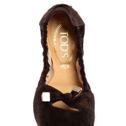 مملوكة مسبقًا Tod's Brown Suede Scrunch Bow Ballet Flats Size 36.5