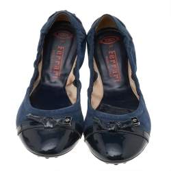 Tod's Navy Blue Suede And Patent Leather Trim Toe Cap Scrunch Ballet Flats Size 36.5