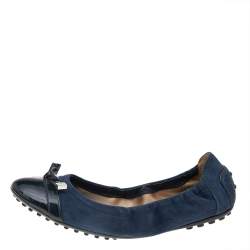 Tod's Navy Blue Suede And Patent Leather Trim Toe Cap Scrunch Ballet Flats Size 36.5