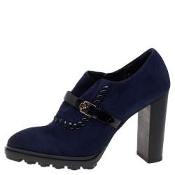 Pre Owned Tod's Blue Suede Buckle Block Heel Ankle Booties Size 37.5