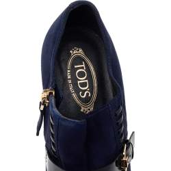 Pre Owned Tod's Blue Suede Buckle Block Heel Ankle Booties Size 37.5