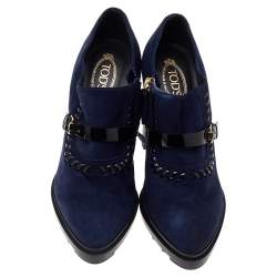 Pre Owned Tod's Blue Suede Buckle Block Heel Ankle Booties Size 37.5