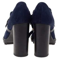 Pre Owned Tod's Blue Suede Buckle Block Heel Ankle Booties Size 37.5