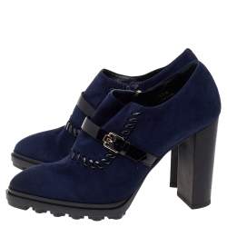 Pre Owned Tod's Blue Suede Buckle Block Heel Ankle Booties Size 37.5