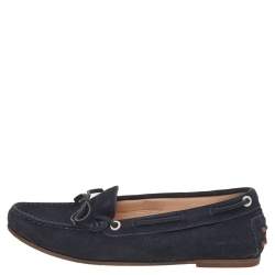 Pre Owned Tod's Navy Blue Leather Bow Slip On Loafers Size 36.5