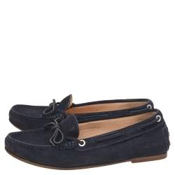 Pre Owned Tod's Navy Blue Leather Bow Slip On Loafers Size 36.5