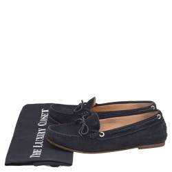 Pre Owned Tod's Navy Blue Leather Bow Slip On Loafers Size 36.5