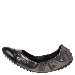 Pre Owned Tod's Metallic Black Textured Leather Cap Toe Scrunch Ballet Flats Size 38.5