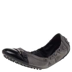 Pre Owned Tod's Metallic Black Textured Leather Cap Toe Scrunch Ballet Flats Size 38.5