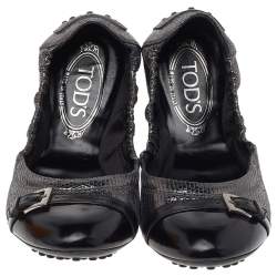 Pre Owned Tod's Metallic Black Textured Leather Cap Toe Scrunch Ballet Flats Size 38.5