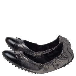Pre Owned Tod's Metallic Black Textured Leather Cap Toe Scrunch Ballet Flats Size 38.5