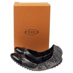 Pre Owned Tod's Metallic Black Textured Leather Cap Toe Scrunch Ballet Flats Size 38.5