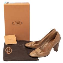 Pre Owned حذاء كعب عالي تودز جلد بيج كعب مربع سميك مقاس 37